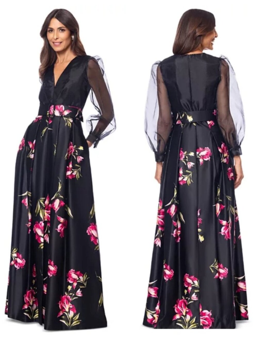 Betsy & Adam Organza-Sleeve Floral Belted Gown - Picture 3 of 4